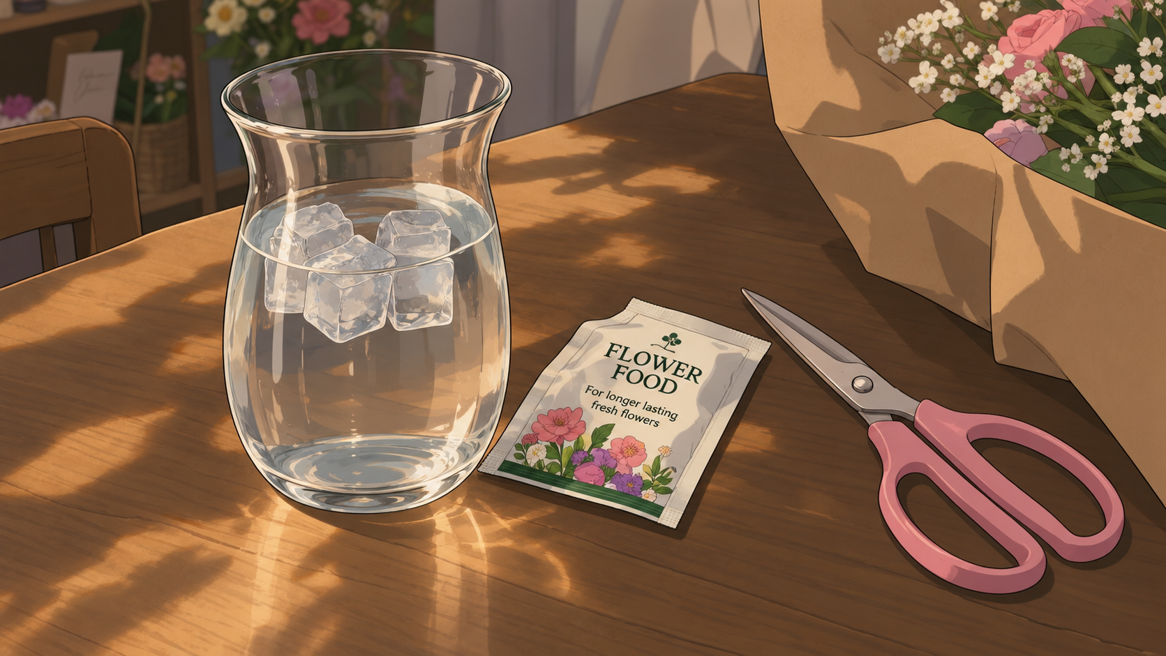 Vase of fresh water with flower food and scissors ready for bouquet care