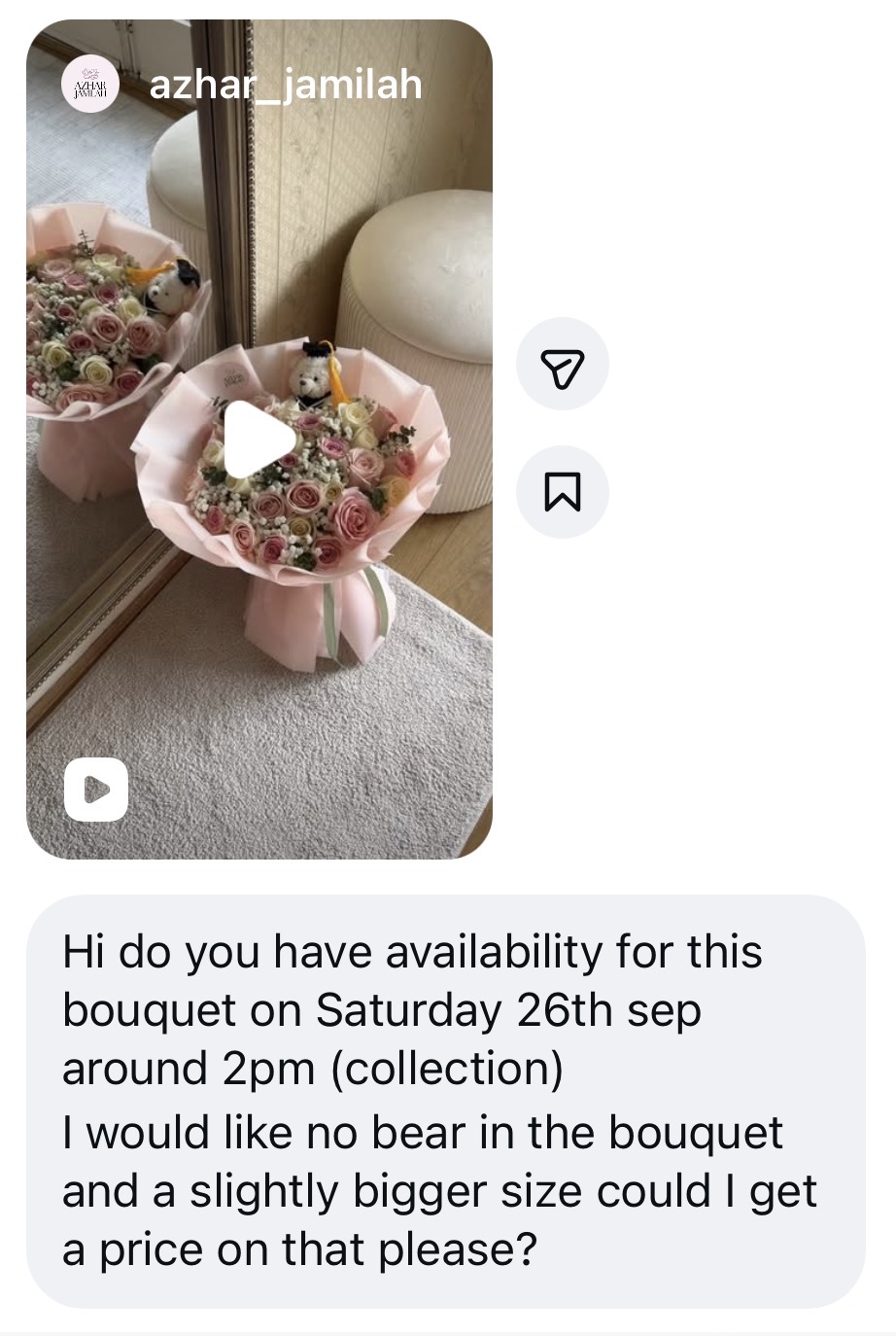 Example Instagram enquiry for a bespoke bouquet and collection time